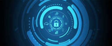 Siber güvenlik ve bilgi ya da ağ koruması. İş ve internet projeleri için gelecekteki siber teknoloji web hizmetleri. Vektör Sanatı.