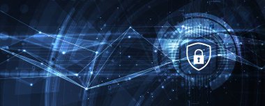 Siber güvenlik ve bilgi ya da ağ koruması. İş ve internet projeleri için gelecekteki siber teknoloji web hizmetleri. Vektör Sanatı.