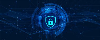 Siber güvenlik ve bilgi ya da ağ koruması. İş ve internet projeleri için gelecekteki siber teknoloji web hizmetleri. Vektör Sanatı.