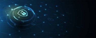 Siber güvenlik ve bilgi ya da ağ koruması. İş ve internet projeleri için gelecekteki siber teknoloji web hizmetleri. Vektör Sanatı.