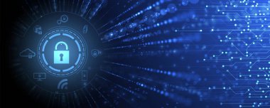 Siber güvenlik ve bilgi ya da ağ koruması. İş ve internet projeleri için gelecekteki siber teknoloji web hizmetleri. Vektör Sanatı.