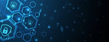 Siber güvenlik ve bilgi ya da ağ koruması. İş ve internet projeleri için gelecekteki siber teknoloji web hizmetleri. Vektör Sanatı.