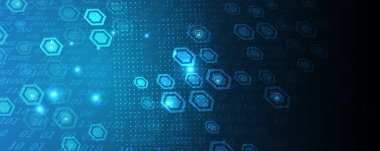 Siber güvenlik ve bilgi ya da ağ koruması. İş ve internet projeleri için gelecekteki siber teknoloji web hizmetleri. Vektör Sanatı.