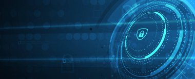 Siber güvenlik ve bilgi ya da ağ koruması. İş ve internet projeleri için gelecekteki siber teknoloji web hizmetleri. Vektör Sanatı.