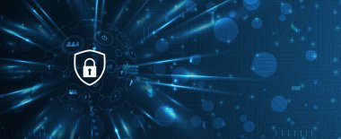 Siber güvenlik ve bilgi ya da ağ koruması. İş ve internet projeleri için gelecekteki siber teknoloji web hizmetleri. Görüntü vektörü