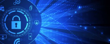 Siber güvenlik ve bilgi ya da ağ koruması. İş ve internet projeleri için gelecekteki siber teknoloji web hizmetleri. Vektör arkaplanı.