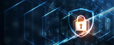 Siber güvenlik ve bilgi ya da ağ koruması. İş ve internet projeleri için gelecekteki siber teknoloji web hizmetleri. Vektör Sanatı.