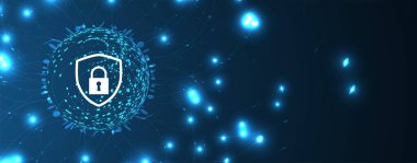 Siber güvenlik ve bilgi ya da ağ koruması. İş ve internet projeleri için gelecekteki siber teknoloji web hizmetleri. Vektör Sanatı.