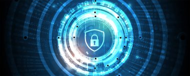 Siber güvenlik ve bilgi ya da ağ koruması. İş ve internet projeleri için gelecekteki siber teknoloji web hizmetleri. Vektör Sanatı.