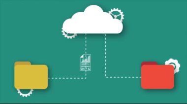 Belgeleri bir dizine kopyalama sürecini resmeden bulut teknolojisi animasyonuna sahip dosya transferi, ofis çalışma kavramlarını resmetmek için idealdir