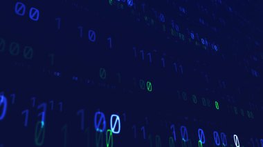 Koyu mavi ekranda parlayan veri akışı. Teknoloji ve iş dünyasının soyut taşınma geçmişi