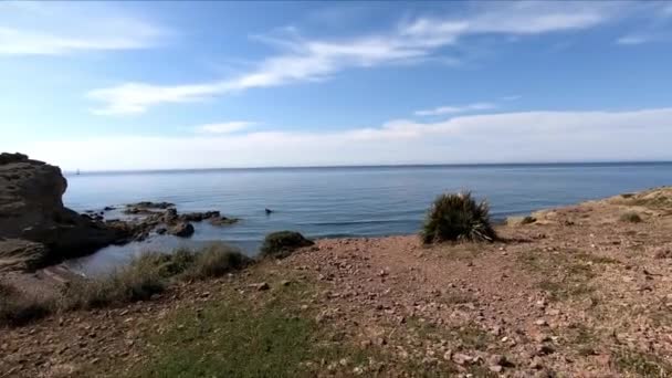 スペインのアルメリア アンダルシアの青空で夏の日に野生のカーボンビーチに到着する汚れた道を歩きます ポイント ビュー Pov 主観的な視点 — ストック動画