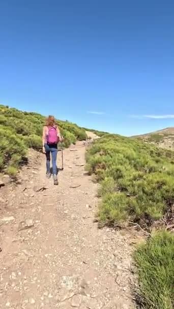 Woman Trekking Trail Pealara Peak Highest Mountain Madrid Spain Vertical — Stock Video
