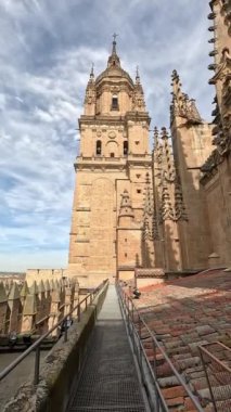 Eski Salamanca katedralinin çatısında Castilla y Leon, İspanya 'daki büyük çan kulesine doğru yürüyorum. Dikey video