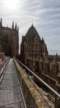 İspanya 'nın Castilla y Leon kentindeki Salamanca katedralinin çatısında metal bir patika boyunca yürüyorum. Dikey video