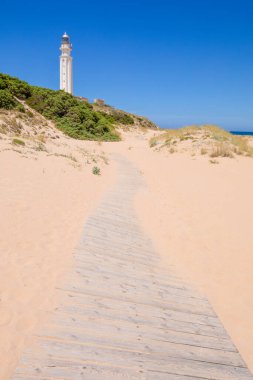 Doğadaki sahil kumu üzerinde, Canos Meca köyü (Barbate, Cadiz, Endülüs, İspanya), mavi gökyüzünün yanındaki Cape Trafalgar fenerinin yanındaki tahta patika. dikey çekim