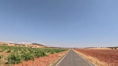 Kırsal bir yol, açık mavi gökyüzünün altındaki bağlar ve tarlalar arasındaki mesafeye uzanır. Bu yol, İspanya 'nın kırsal kesimindeki yeşil ve kuru toprak arasındaki zıtlığı vurgular.