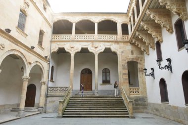 16. yüzyıldan beri Salamanca, Castilla y Leon 'daki Salina ya da Fonseca Sarayı' nın avlusunu ziyaret eden anne ve kızı merdivenlerin tepesinde. Bilet gişesi ya da girişi olmayan halka açık ve ücretsiz erişim