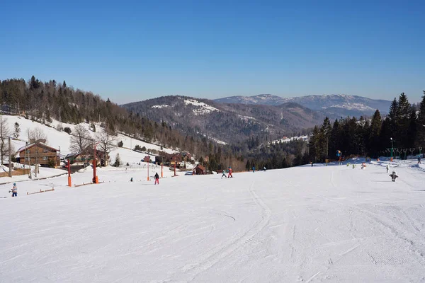 シレジア ベスキディ山脈の風景ヨーロッパの範囲ポーランドのBialy Krzyz 2022の澄んだ青い空寒い晴れた冬の日3月の垂直 — ストック写真