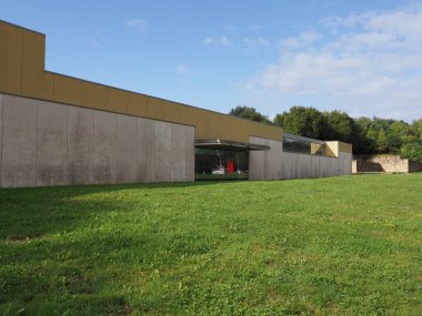 Pavilion near Altamira cave near european SANTILLANA DEL MAR town at Cantabria in Spain, clear blue sky in 2019 warm sunny summer day on September.