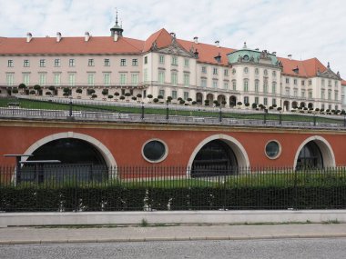 Kubicki arcades in european Warsaw capital city of Poland in Masovian voivodeship, cloudy blue sky in 2019 warm sunny summer day on July. clipart