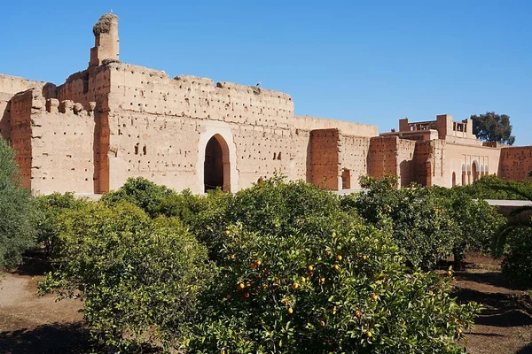 Garten Badi Palast Mit Storchennest Der Afrikanischen Stadt Marrakesch Marokko — Stockfoto