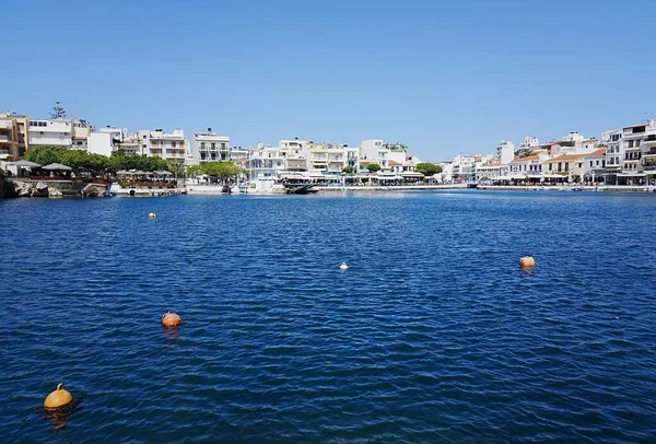 Vista Lago Voulismeni Ciudad Europea Agios Nikolaos Lasithi Isla Creta — Foto de Stock