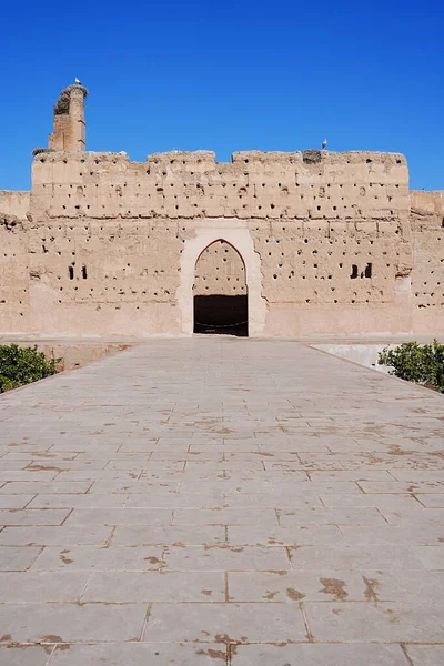 Badi Palácio Com Cegonhas Ninho Cidade Africana Marrakech Marrocos Céu — Fotografia de Stock