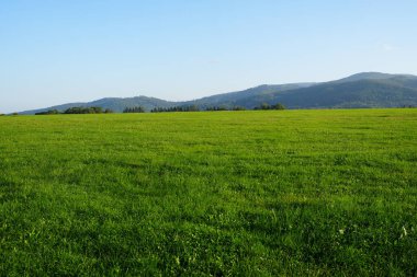 Polonya 'nın Avrupa Bielsko-Biala şehrinde spor havaalanı ve Silesian Beskids manzarası, Eylül' ün güneşli sonbahar günü 2023 'te açık mavi gökyüzü.