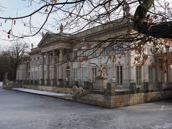 Polonya 'daki Varşova' nın başkenti Varşova 'daki hamamlar parkında, göldeki adada saray manzarası, 2019 soğuk kış günü hava bulutlu..