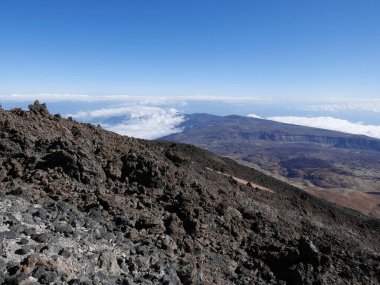 İspanya 'nın Avrupa Tenerife adasında 3715 metrelik Teide Dağı' ndan panorama, Kasım 'ın sıcak ve güneşli sonbahar gününde 2023' te açık mavi gökyüzü.