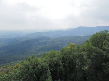 Fransa 'nın Avrupa Orschwiller kasabası Alsace' deki Koenigsbourg şatosundan manzara, 2018 'in ılık yaz günü bulutlu gökyüzü.