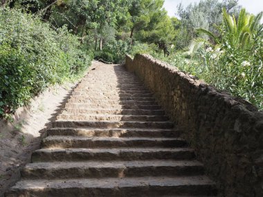 2019 yılının Eylül ayında İspanya 'nın Katalonya bölgesindeki Avrupa Barselona şehrinin Guell parkındaki taş merdivenler güneşli bir yaz günüdür..