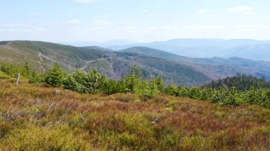 Polonya 'nın Avrupa Szczyrk kasabası yakınlarındaki Silesian Beskids Panoraması, 2023' ün güneşli bahar gününde açık mavi gökyüzü.