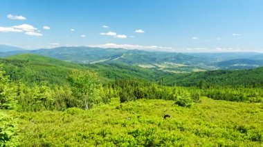 Polonya 'nın Avrupa Wisla kasabası yakınlarındaki Silesian Beskids Panoraması, 2024' ün güneşli bahar günü açık mavi gökyüzü.