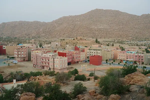 stock image Panorama of African TAFRAOUT town at Tiznit province, Souss-Massa in MOROCCO, clear blue sky in 2023 cold sunny winter day on January.