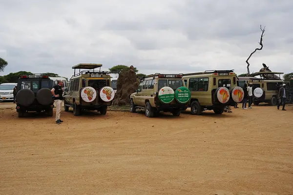 stock image ARUSHA, TANZANIA - July 20th 2024: Several off-road vehicles at African Tarangire National Park in Manyara region, cloudy sky in warm winter day.