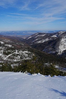 Polonya 'nın Avrupa Bialy Krzyz kentindeki Silesian Beskid Dağları' ndaki manzara vadisi 2022 'de açık mavi gökyüzü - dikey olarak güneşli bir kış günü -