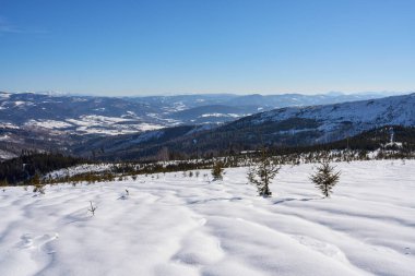 Avrupa Bialy Krzyz yakınlarındaki Beskid Dağları 'nın kış manzarası Polonya' da 2022 'de açık mavi gökyüzü soğuk ve güneşli bir Şubat günü.