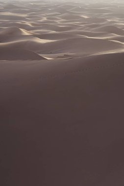 Afrika 'nın güneydoğusundaki Sahra Çölü' nde güzel Erg Chigaga kum tepesi, 2023 'te açık mavi gökyüzü Ocak ayında güneşli, dikey bir kış günü.