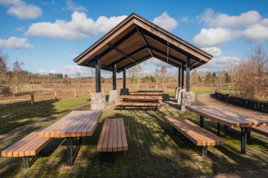 Outdoor recreational space covered area with picnic tables and trees Willsonville Oregon.