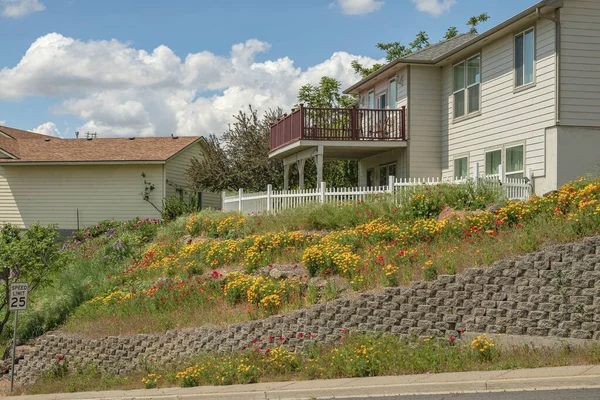 Pendleton Buurt Huis Met Lentebloemen Bloei Planten Oost Oregon — Stockfoto