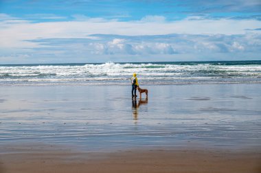 Canon Beach Oregon eyaletinde bir kadın ve köpeği okyanus dalgalarını seyrediyor.. 