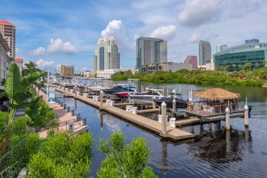 Tampa Florida 'daki modern yüksek binalar ve mimari yapılar kıyıya yakın..