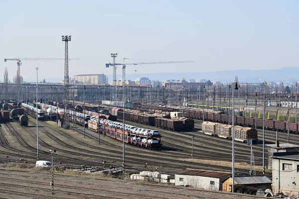 Shunting yard in Brno, Czech Republic, with freight railway cars