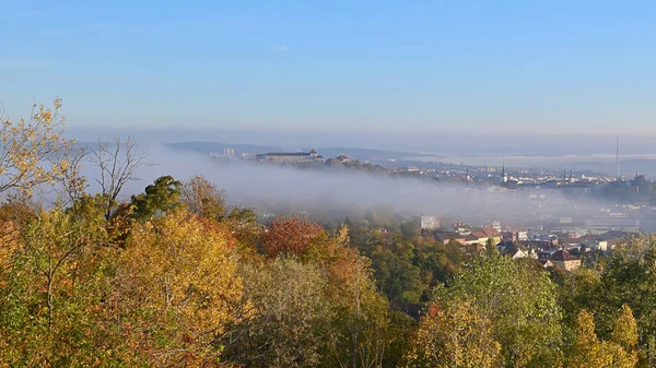 Çek Cumhuriyeti 'nin Brno kenti, sabah sisi ile kaplıydı. Sonbahar gündoğumunda kasabanın üstündeki tepeden bak..