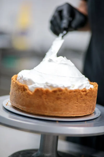 stock image catering chef preparing key lime pie in pro kitchen