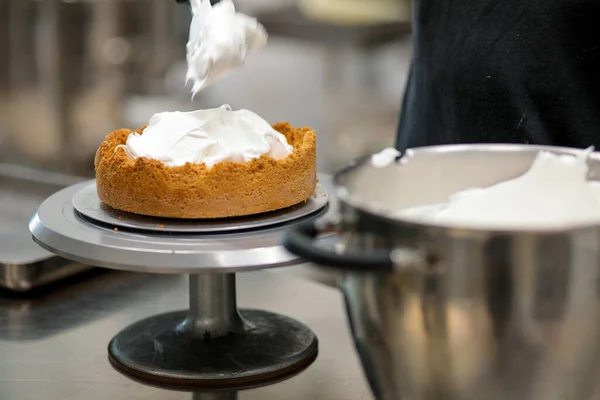 stock image catering chef preparing key lime pie in pro kitchen