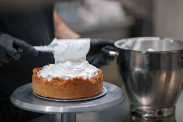 stock image catering chef preparing key lime pie in pro kitchen