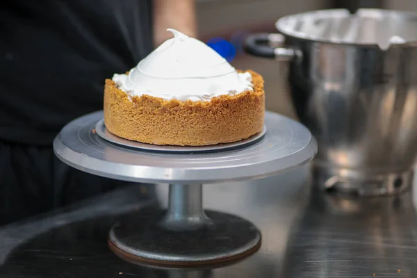 stock image catering chef preparing key lime pie in pro kitchen